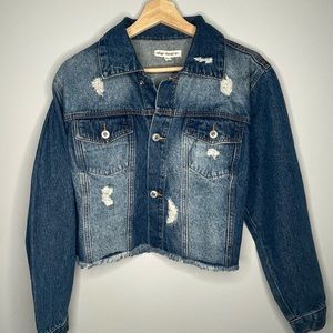 Women’s Indigo thread‎ size medium distressed denim blue jean jacket coat